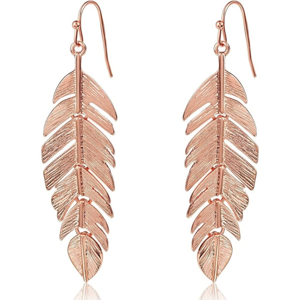 🆕Women's Rose Gold Leaf Earrings Long Hanging Boho Feather Earrings